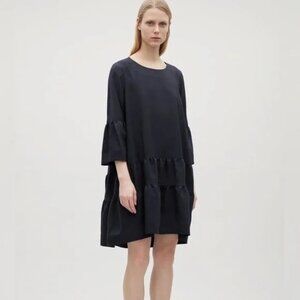 COS LBD BLACK COTTON POPLIN TIERED BELL SLEEVE DRESS, SIZE: 2